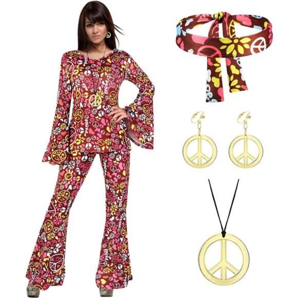 70s Women Hippie‎ Costume Set Halloween Dress Bell Bottom Boho Flared Pants - Picture 1 of 7